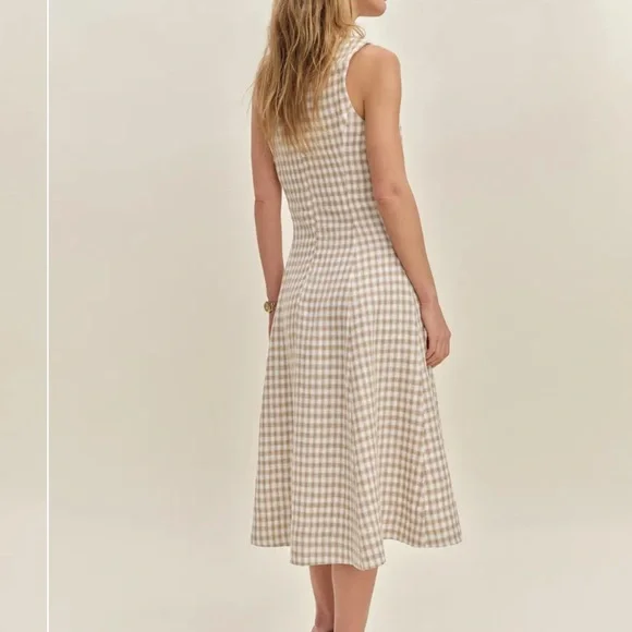 Reformation Sebastian linen Gingham Midi Dress in Cream and Tan Sz 8 - Picture 4 of 11